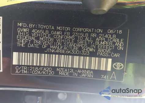 2019 Toyota Corolla Se из США, поврежденный, VIN JTNK4RBE6K3001323